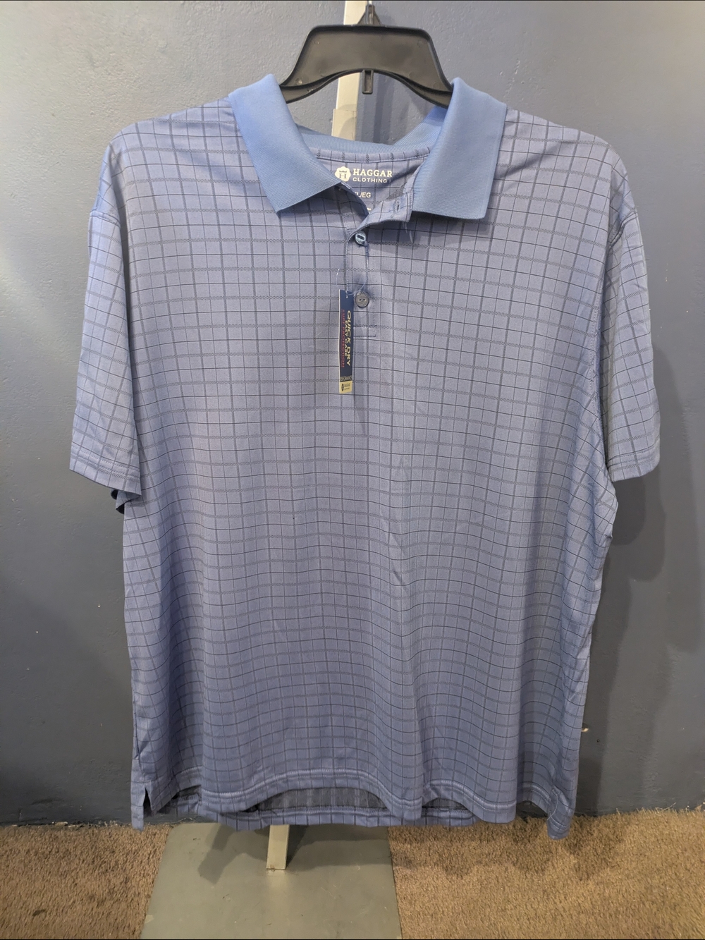 Haggar XL Men's Light Blue Grid-Pattern Quick Dry UPF Performance Polo